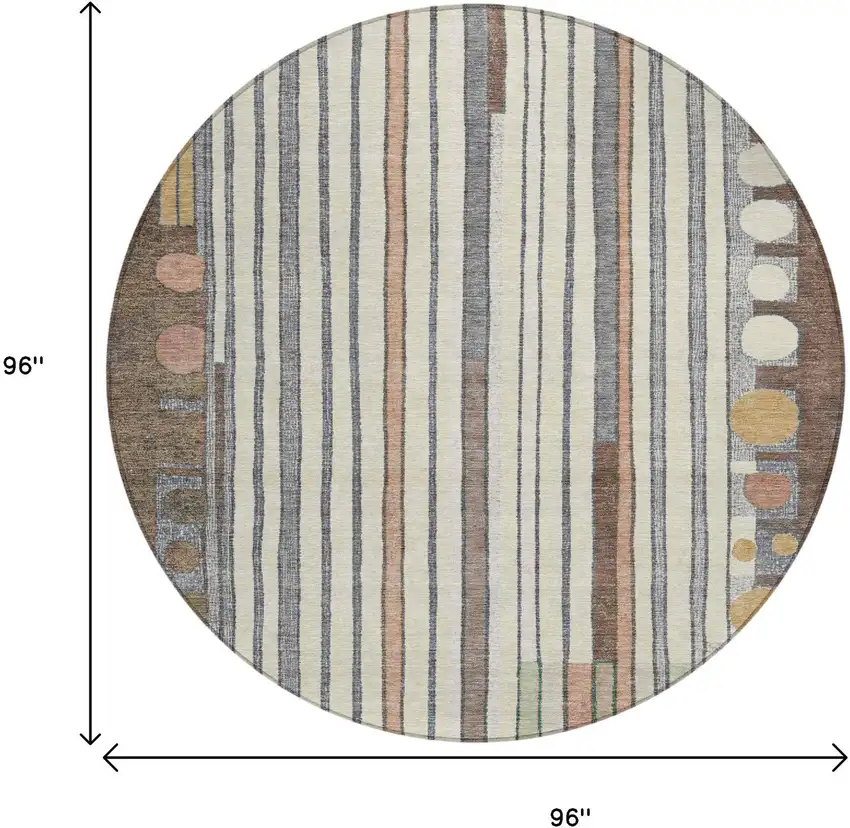 8' Brown Ivory And Peach Round Geometric Washable Indoor Outdoor Area Rug Photo 8