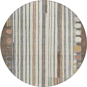 Photo of 8' Brown Ivory And Peach Round Geometric Washable Indoor Outdoor Area Rug