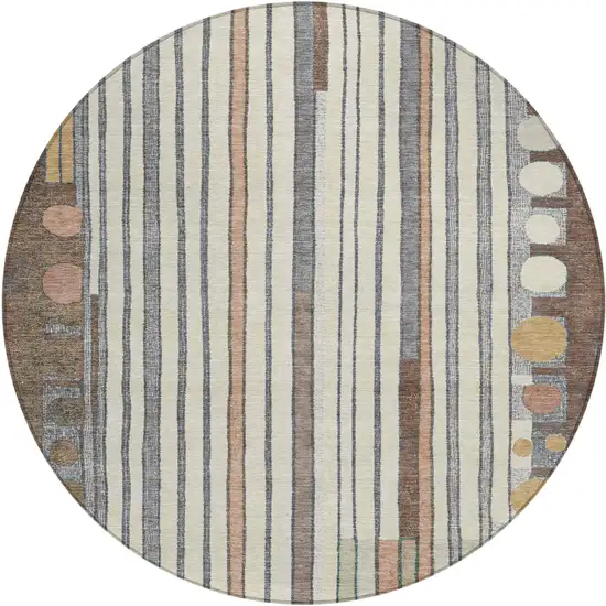 8' Brown Ivory And Peach Round Geometric Washable Indoor Outdoor Area Rug Photo 1