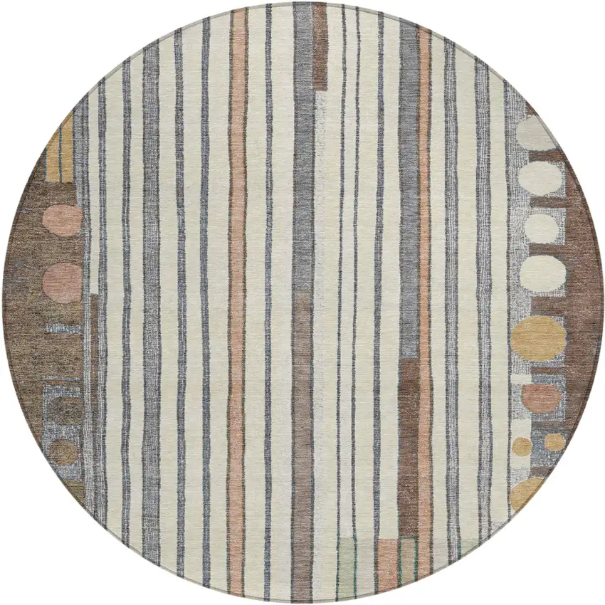8' Brown Ivory And Peach Round Geometric Washable Indoor Outdoor Area Rug Photo 1