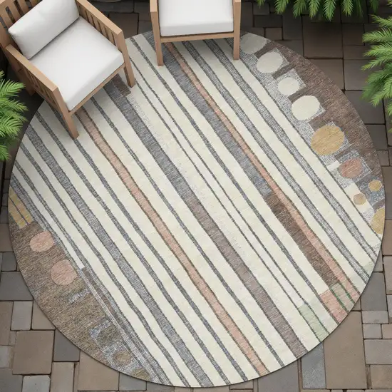 8' Brown Ivory And Peach Round Geometric Washable Indoor Outdoor Area Rug Photo 6