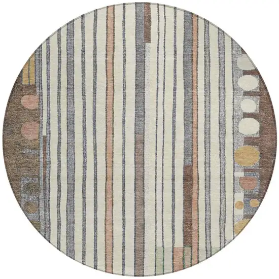 8' Brown Ivory And Peach Round Geometric Washable Indoor Outdoor Area Rug Photo 3