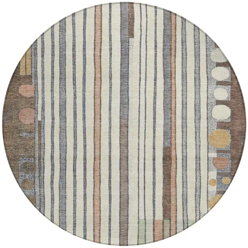 8' Brown Ivory And Peach Round Geometric Washable Indoor Outdoor Area Rug Photo 3