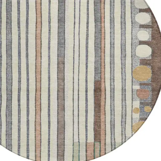 8' Brown Ivory And Peach Round Geometric Washable Indoor Outdoor Area Rug Photo 5