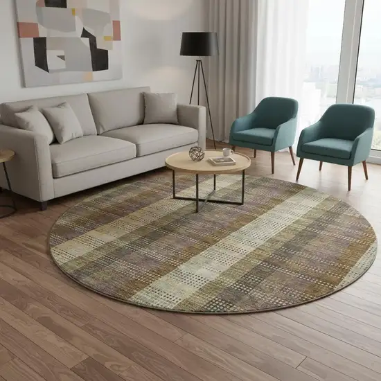 8' Brown Ivory And Plum Plaid Washable Round Rug With UV Protection Photo 2
