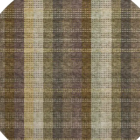 8' Brown Ivory And Plum Plaid Washable Round Rug With UV Protection Photo 2