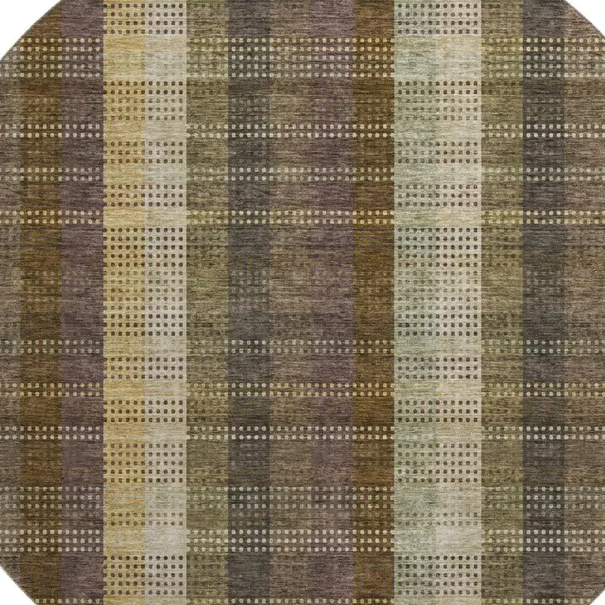 8' Brown Ivory And Plum Plaid Washable Round Rug With UV Protection Photo 2