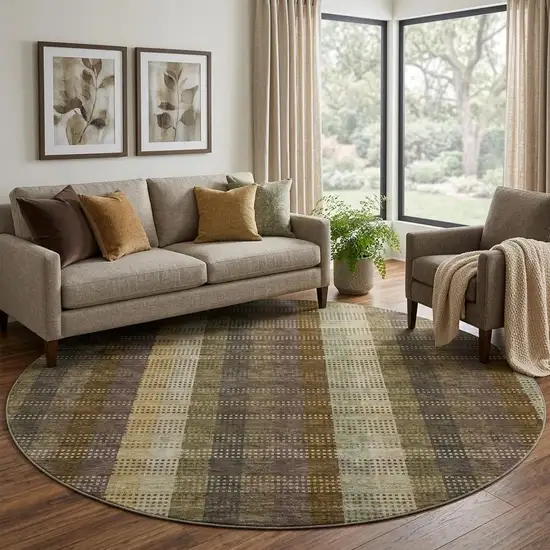 8' Brown Ivory And Plum Plaid Washable Round Rug With UV Protection Photo 1