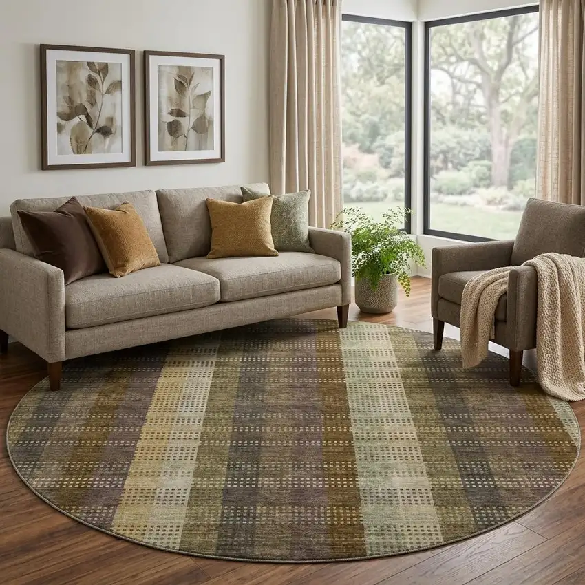 8' Brown Ivory And Plum Plaid Washable Round Rug With UV Protection Photo 1