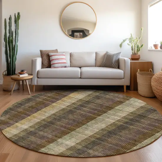 8' Brown Ivory And Plum Plaid Washable Round Rug With UV Protection Photo 4