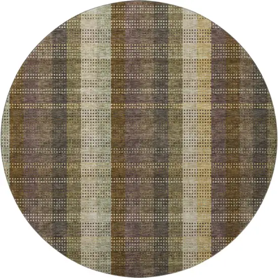 8' Brown Ivory And Plum Plaid Washable Round Rug With UV Protection Photo 4
