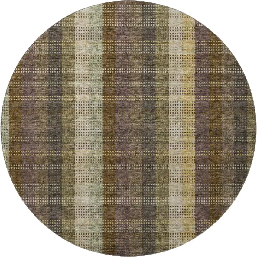 8' Brown Ivory And Plum Plaid Washable Round Rug With UV Protection Photo 4
