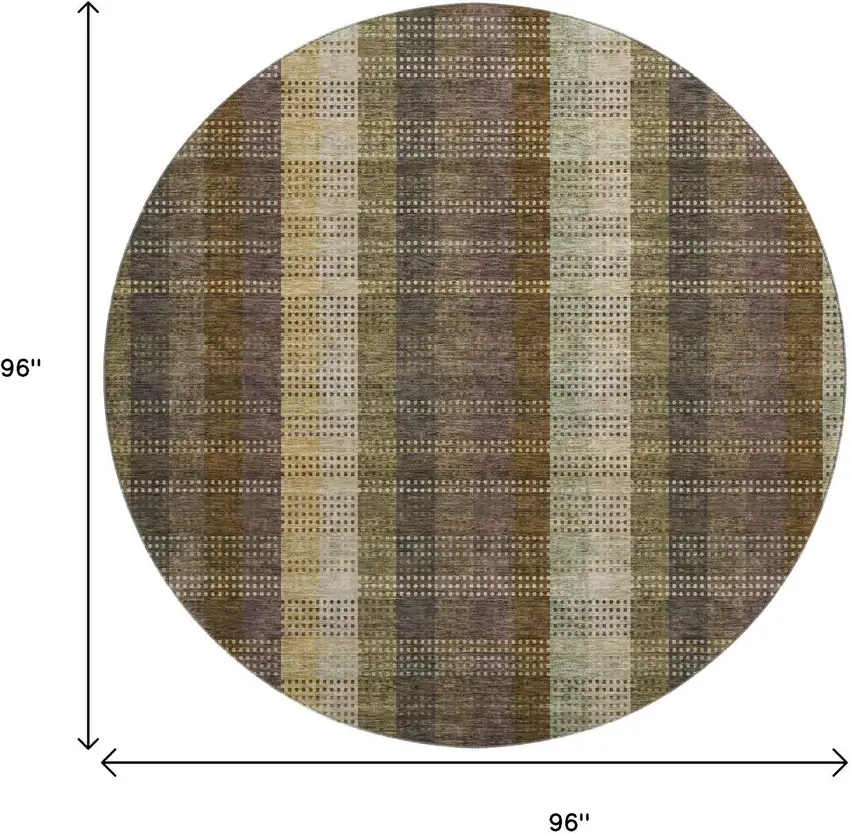 8' Brown Ivory And Plum Plaid Washable Round Rug With UV Protection Photo 9