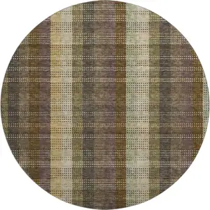 Photo of 8' Brown Ivory And Plum Plaid Washable Round Rug With UV Protection