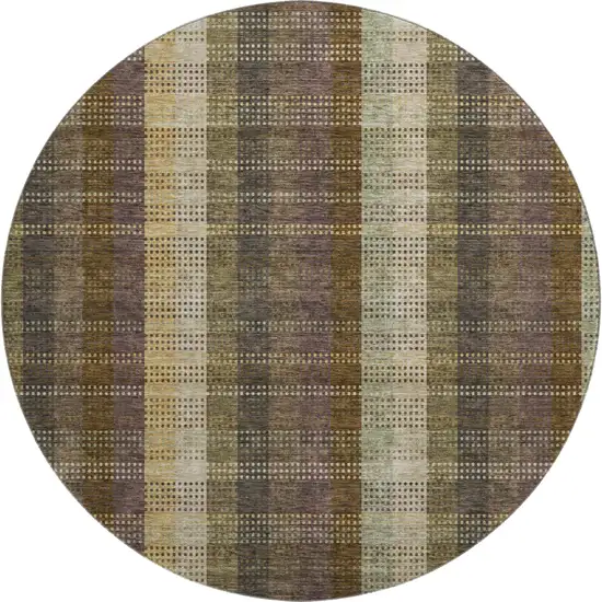8' Brown Ivory And Plum Plaid Washable Round Rug With UV Protection Photo 1
