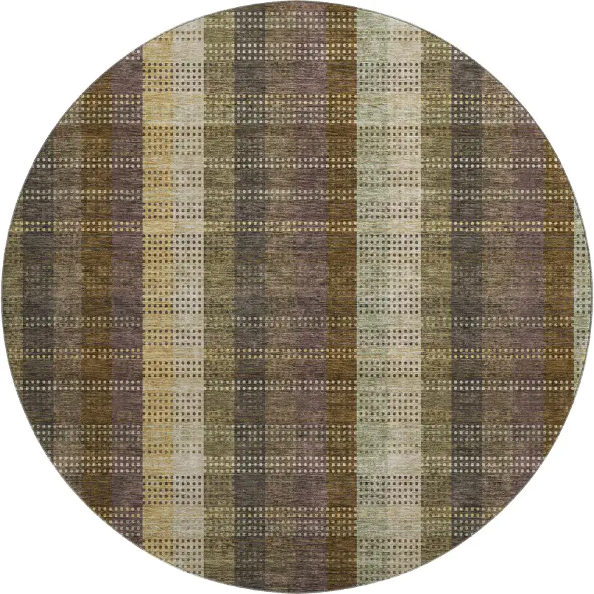 8' Brown Ivory And Plum Plaid Washable Round Rug With UV Protection Photo 1