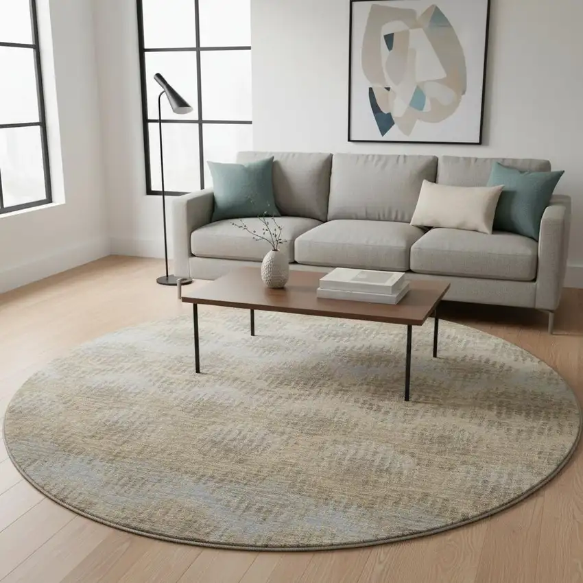 8' Brown Ivory And Sky Blue Abstract Washable Round Rug With UV Protection Photo 1