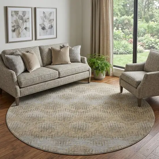 8' Brown Ivory And Sky Blue Abstract Distressed Washable Round Rug With UV Protection Photo 1