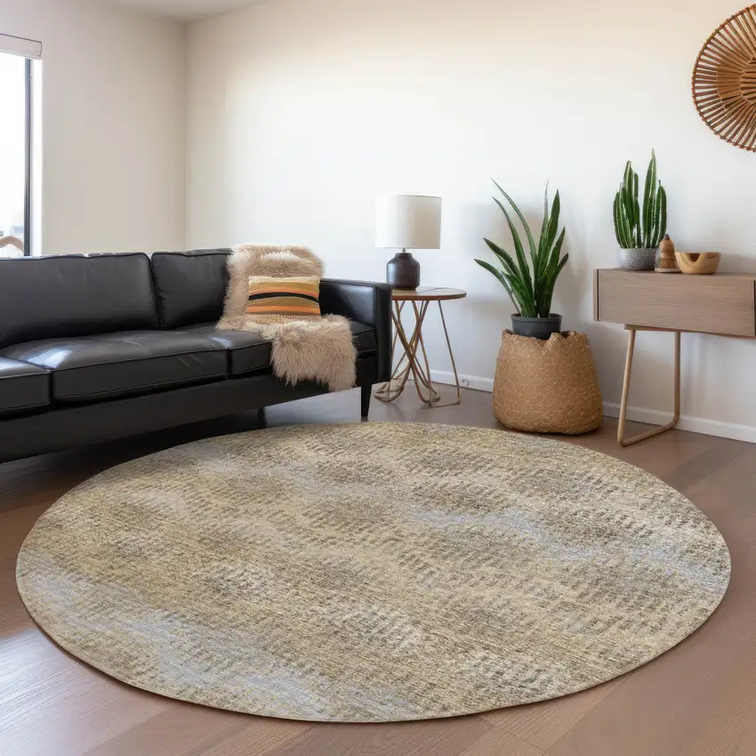 8' Brown Ivory And Sky Blue Abstract Washable Round Rug With UV Protection Photo 6
