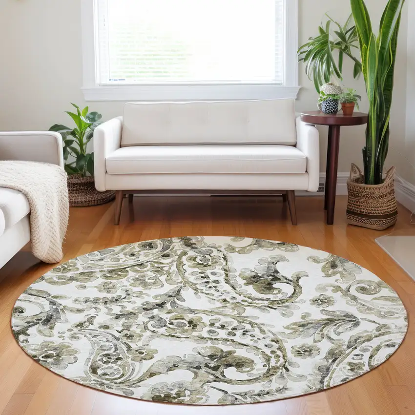 8' Brown Ivory And Tan Round Paisley Washable Indoor Outdoor Area Rug Photo 7
