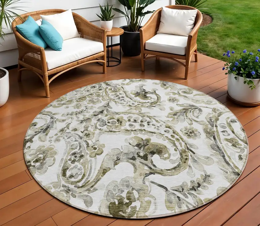 8' Brown Ivory And Tan Round Paisley Washable Indoor Outdoor Area Rug Photo 1