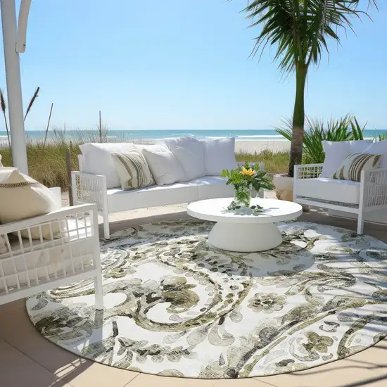 8' Brown Ivory And Tan Round Paisley Washable Indoor Outdoor Area Rug Photo 6