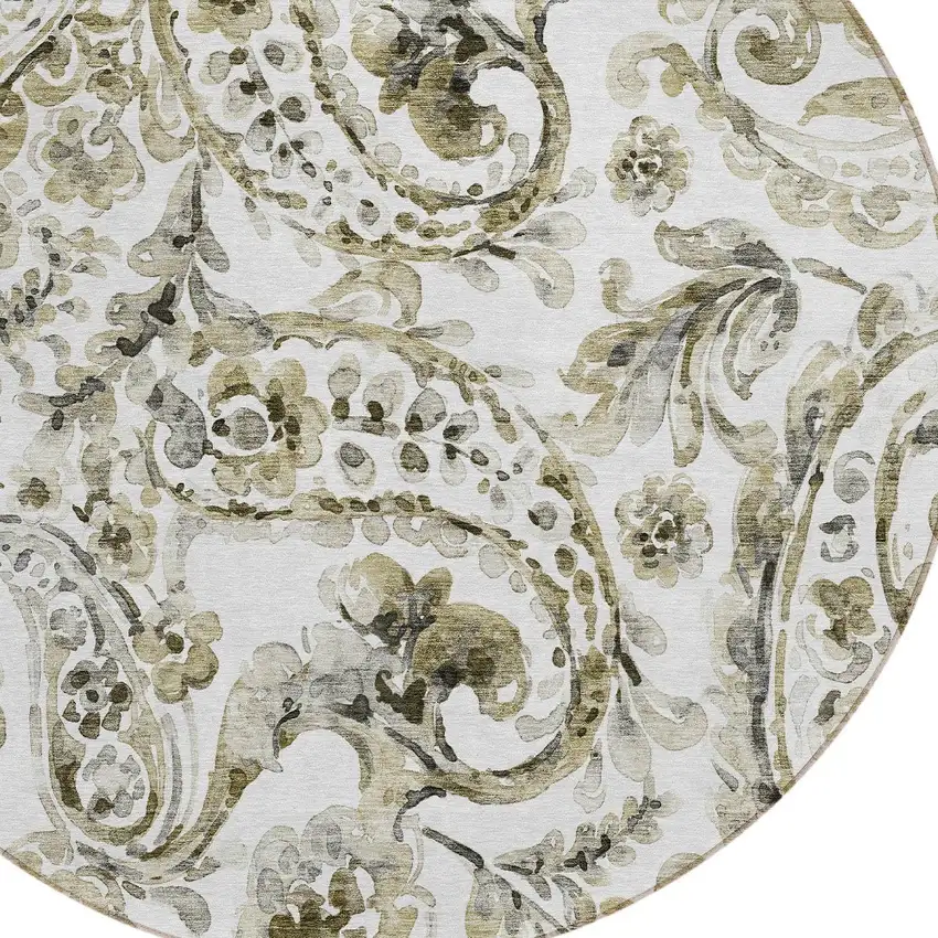 8' Brown Ivory And Tan Round Paisley Washable Indoor Outdoor Area Rug Photo 4