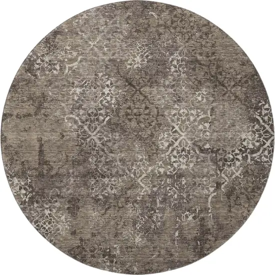 8' Brown Ivory And Taupe Abstract Washable Round Rug With UV Protection Photo 4