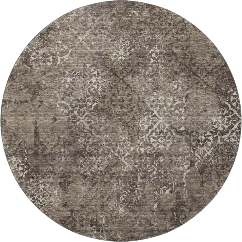 8' Brown Ivory And Taupe Abstract Washable Round Rug With UV Protection Photo 4
