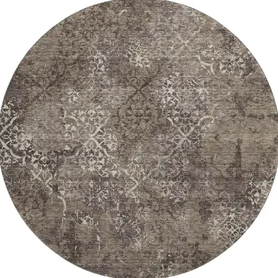 8' Brown Ivory And Taupe Abstract Washable Round Rug With UV Protection Photo 3