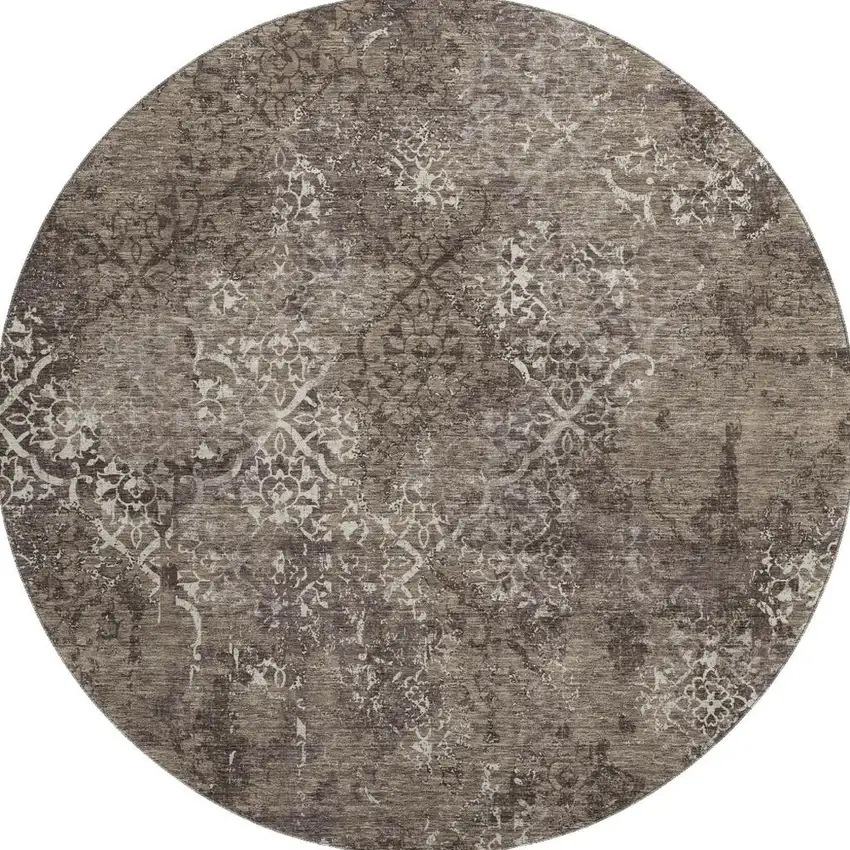 8' Brown Ivory And Taupe Abstract Washable Round Rug With UV Protection Photo 3
