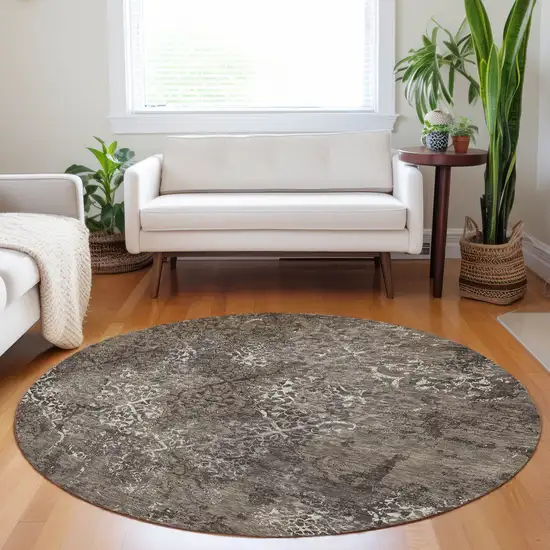 8' Brown Ivory And Taupe Abstract Washable Round Rug With UV Protection Photo 5