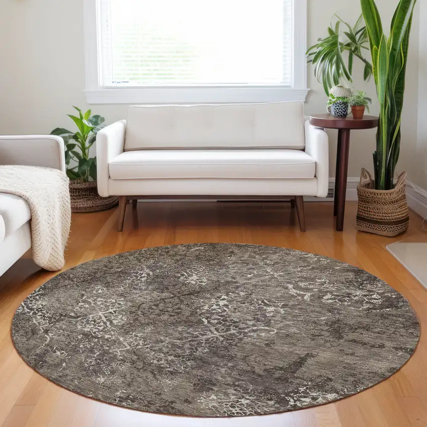 8' Brown Ivory And Taupe Abstract Washable Round Rug With UV Protection Photo 5