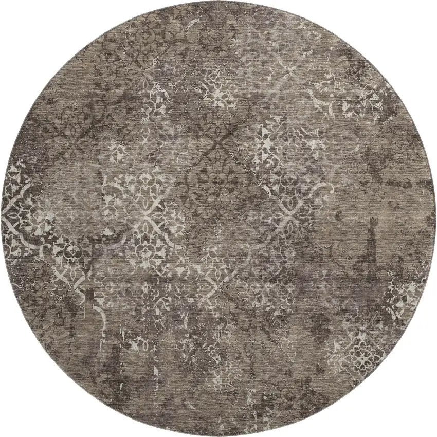 8' Brown Ivory And Taupe Abstract Washable Round Rug With UV Protection Photo 1