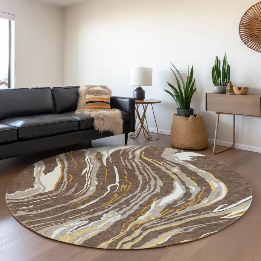 8' Brown Ivory And Taupe Abstract Washable Round Rug With UV Protection Photo 5