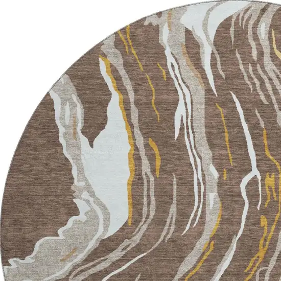 8' Brown Ivory And Taupe Abstract Washable Round Rug With UV Protection Photo 2
