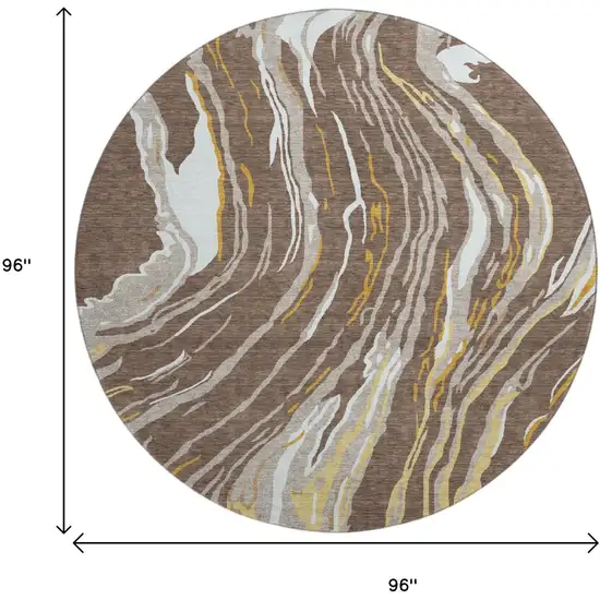 8' Brown Ivory And Taupe Abstract Washable Round Rug With UV Protection Photo 9