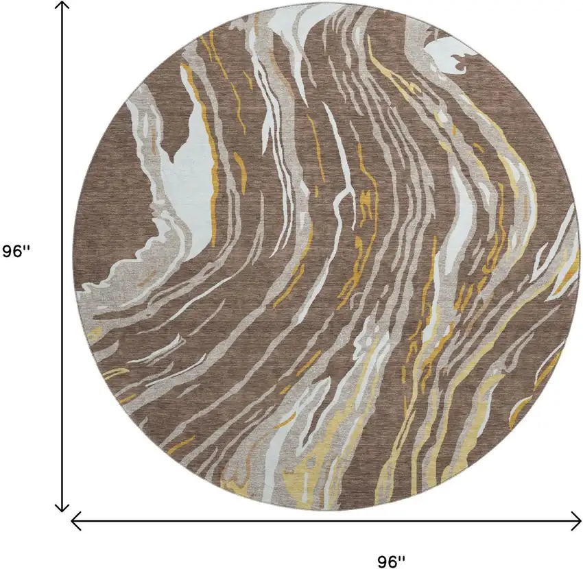 8' Brown Ivory And Taupe Abstract Washable Round Rug With UV Protection Photo 9