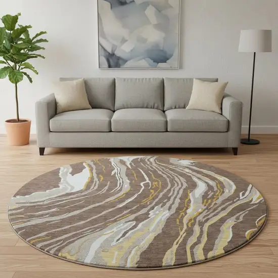 8' Brown Ivory And Taupe Abstract Washable Round Rug With UV Protection Photo 2