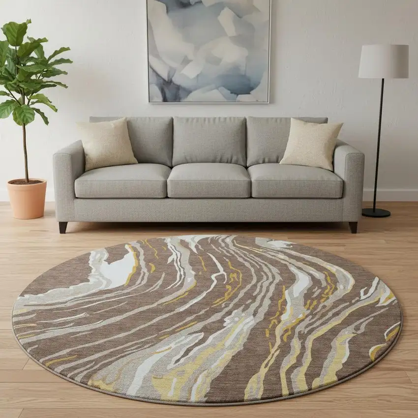 8' Brown Ivory And Taupe Abstract Washable Round Rug With UV Protection Photo 2
