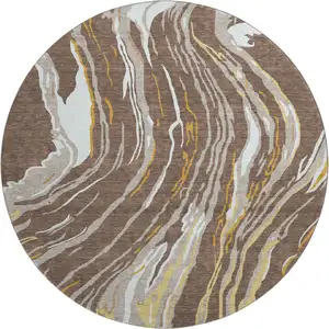 Photo of 8' Brown Ivory And Taupe Abstract Washable Round Rug With UV Protection
