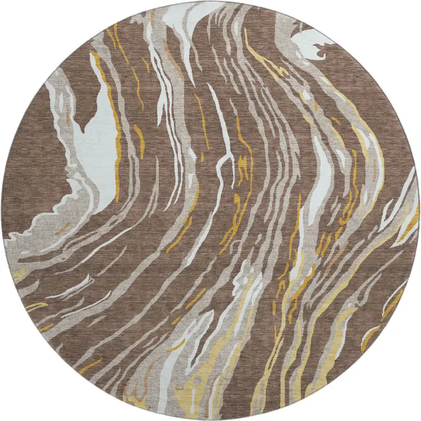 8' Brown Ivory And Taupe Abstract Washable Round Rug With UV Protection Photo 1