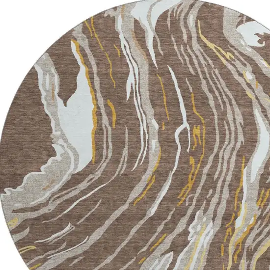 8' Brown Ivory And Taupe Abstract Washable Round Rug With UV Protection Photo 3