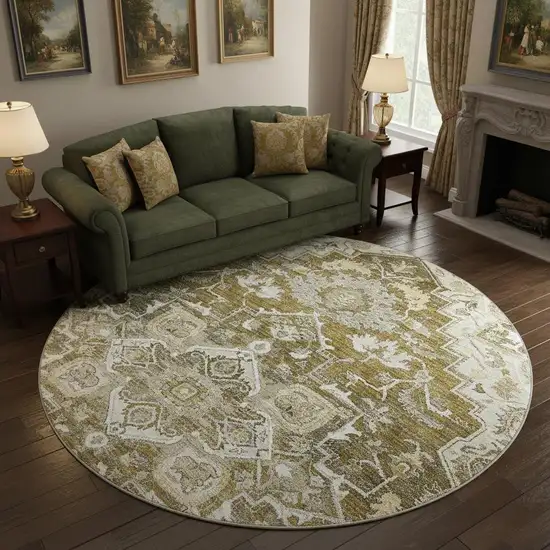 8' Brown Ivory And Taupe Floral Medallion Washable Round Rug With UV Protection Photo 2