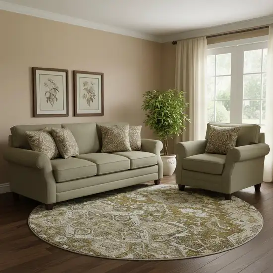 8' Brown Ivory And Taupe Floral Medallion Washable Round Rug With UV Protection Photo 1