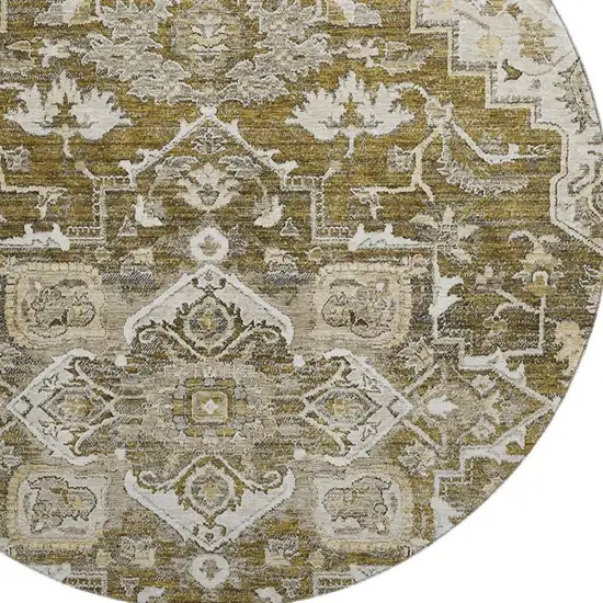 8' Brown Ivory And Taupe Floral Medallion Washable Round Rug With UV Protection Photo 3