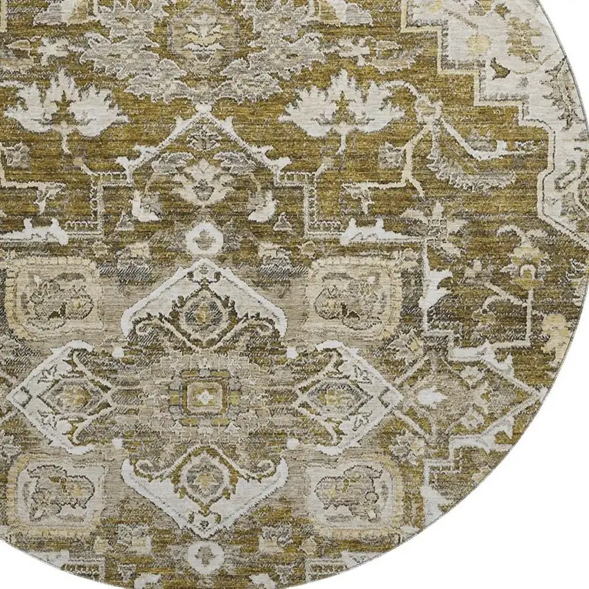 8' Brown Ivory And Taupe Floral Medallion Washable Round Rug With UV Protection Photo 3