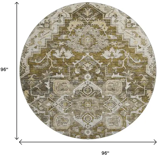 8' Brown Ivory And Taupe Floral Medallion Washable Round Rug With UV Protection Photo 3