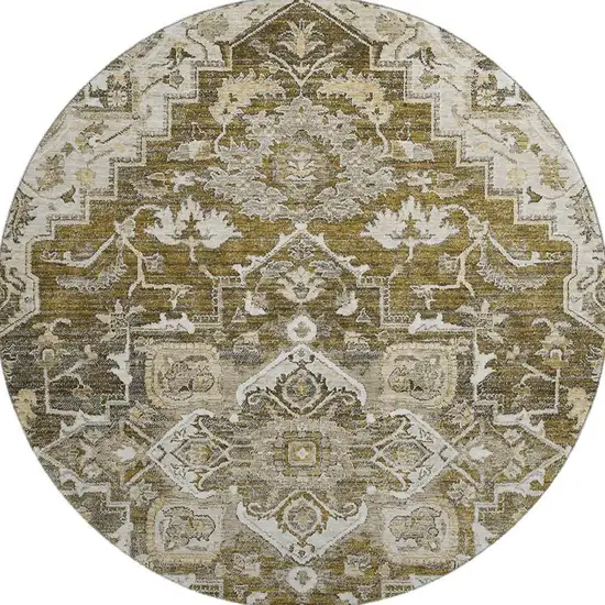 8' Brown Ivory And Taupe Floral Medallion Washable Round Rug With UV Protection Photo 4