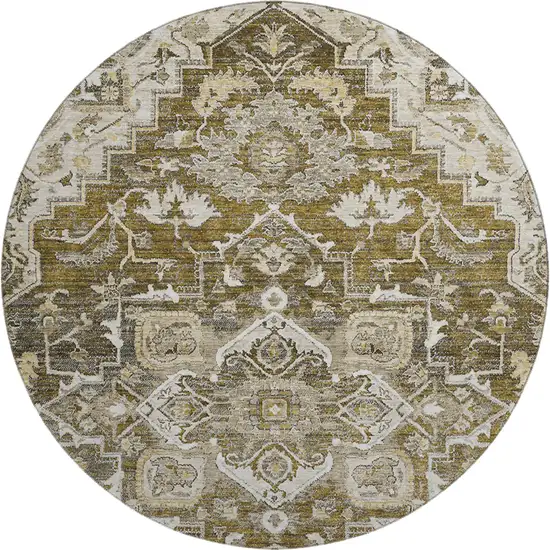 8' Brown Ivory And Taupe Floral Medallion Washable Round Rug With UV Protection Photo 1